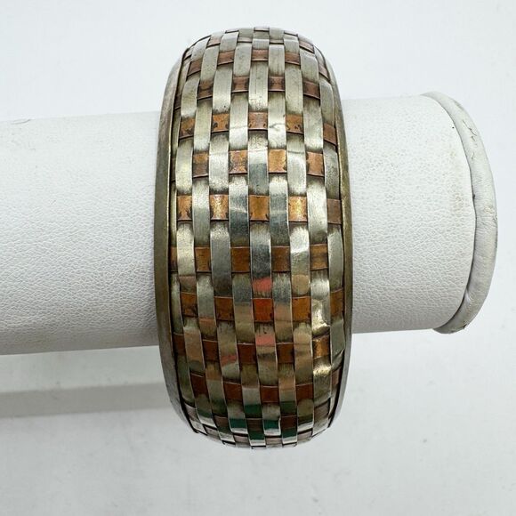 Vtg Woven Mixed Metal Brass Chunky Bangle Bracelet Boho Bohemian Copper Silver - Picture 10 of 13